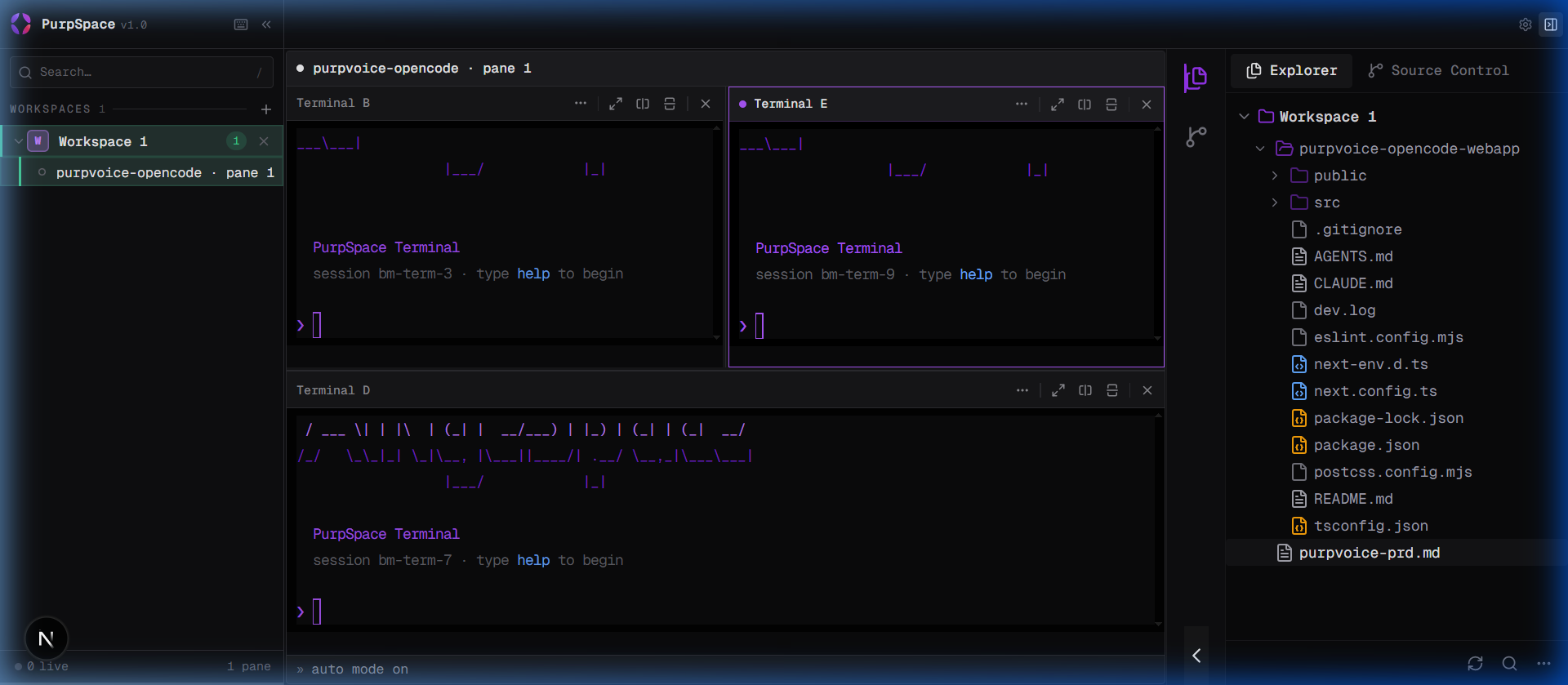 PurpSpace desktop app showing left sidebar, multiple terminals, and file explorer